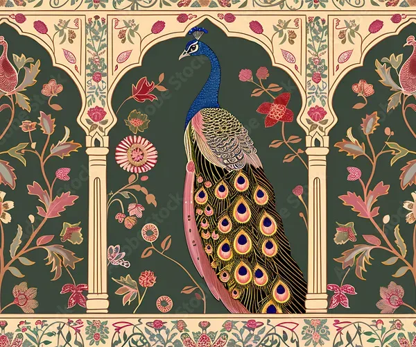 Elegant Peacock and Flowers Wallpaper – Indian Palace Inspired Design in Green and Gold Elegant Peacock and Flowers Wallpaper – Indian Palace Inspired Design in Green and Gold