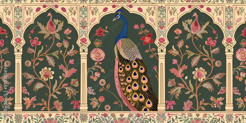Elegant Peacock and Flowers Wallpaper – Indian Palace Inspired Design in Green and Gold