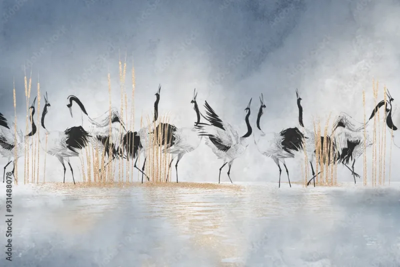 Dancing Cranes Over The Lake – Ombre Wallpaper Design Dancing Cranes Over the Lake – Ombre Wallpaper Design