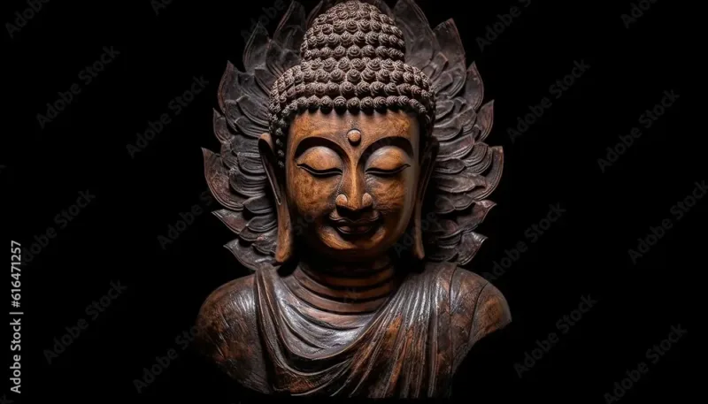 Generative AI Illustration of Rock and Wooden Buddha Statue – Artistic Home Decor