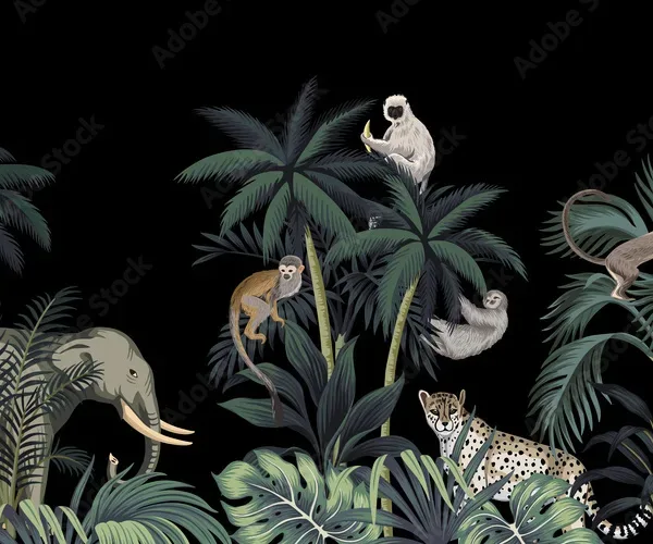 Tropical Wallpaper – Vintage Wild Animals with Palm Trees in Black Background Tropical Wallpaper – Vintage Wild Animals with Palm Trees in Black Background