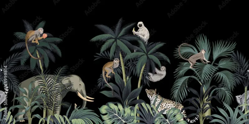 Tropical Wallpaper – Vintage Wild Animals with Palm Trees in Black Background