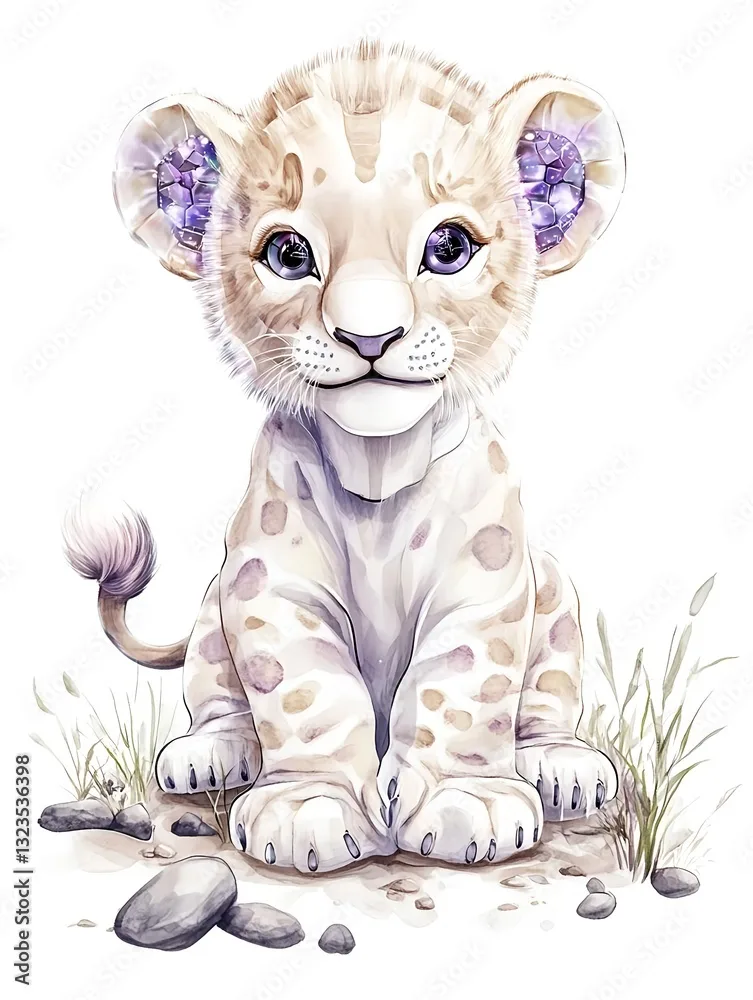 Cute Watercolor Lion Cub, Magical Ears - Watercolor illustrations