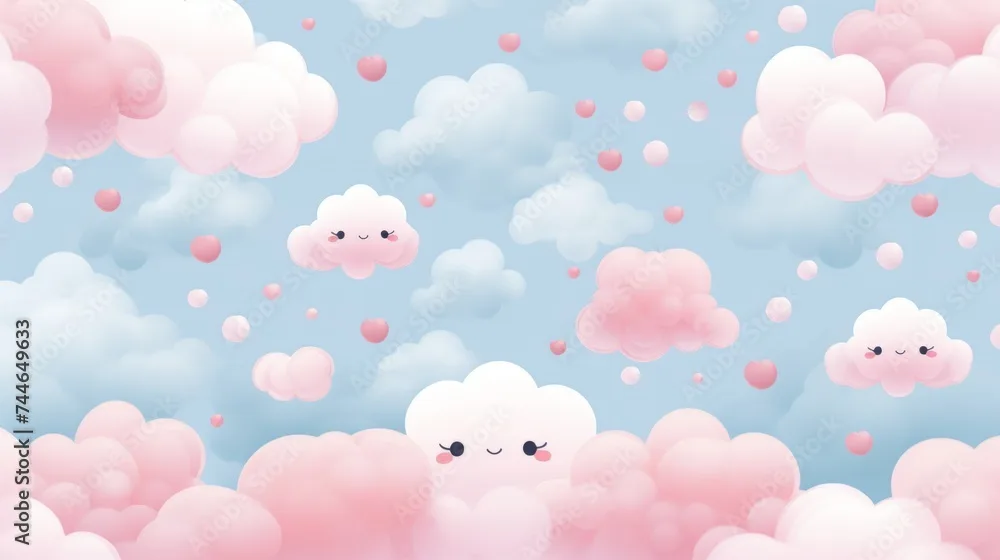 Aesthetic Kawaii Wallpaper – Cute Hearts and Clouds Pattern for Playful Spaces