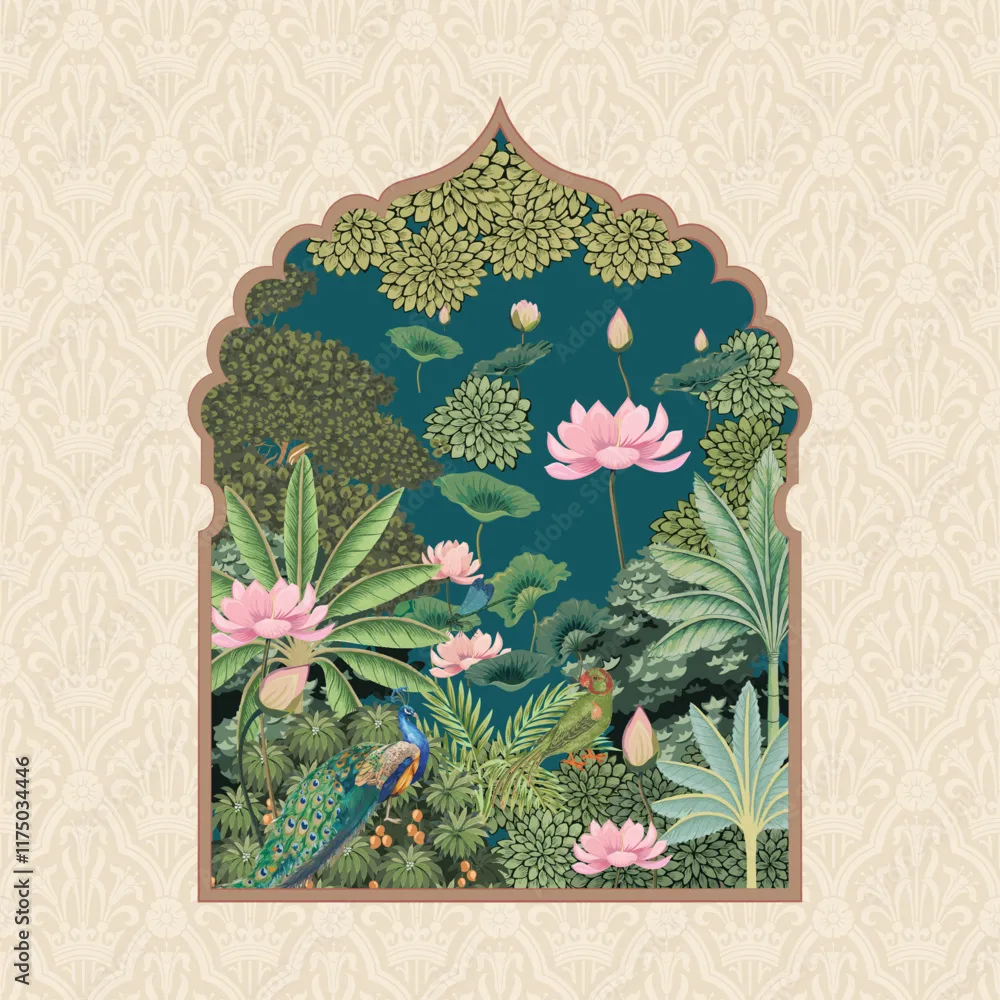 Mughal Pichwai Arch Garden Border Frame Pattern Wallpaper