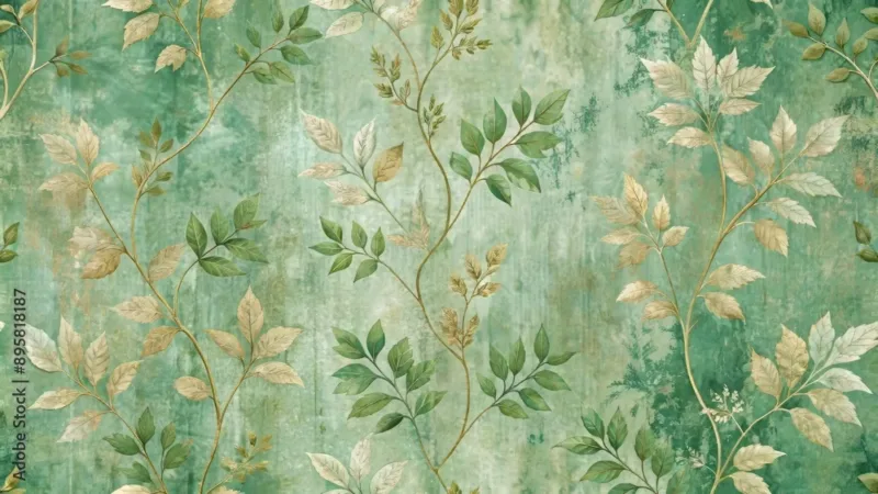 Distressed Green Vintage Wallpaper – Textured Elegance with Weathered Tree Leaves