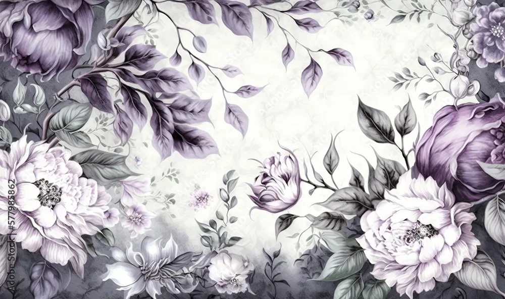Floral Wallpaper – Purple Flowers with White Border on Gray Background