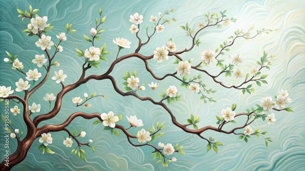 Whimsical White Blossoms Wallpaper – Delicate Spring Floral Mural on Wavy Blue Background