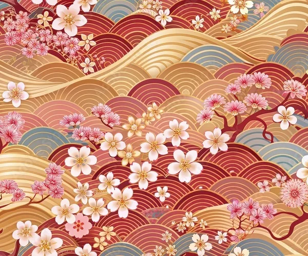 Traditional Japanese Cherry Blossoms Wallpaper – Seamless Floral Pattern with Waves Traditional Japanese Cherry Blossoms Wallpaper – Seamless Floral Pattern with Waves