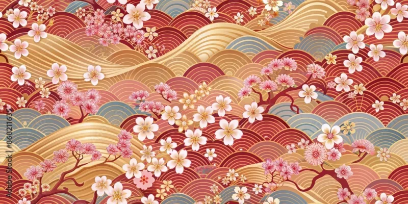 Traditional Japanese Cherry Blossoms Wallpaper – Seamless Floral Pattern with Waves