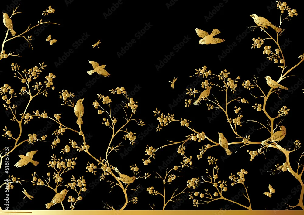 Cherry Blossom Wallpaper – Chinoiserie Seamless Pattern with Traditional Oriental Botanicals