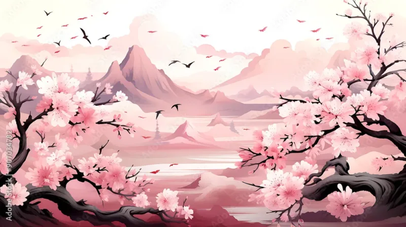 Pink Mountain with Cherry Tree Wallpaper – Serene Landscape Design for Nature Lovers