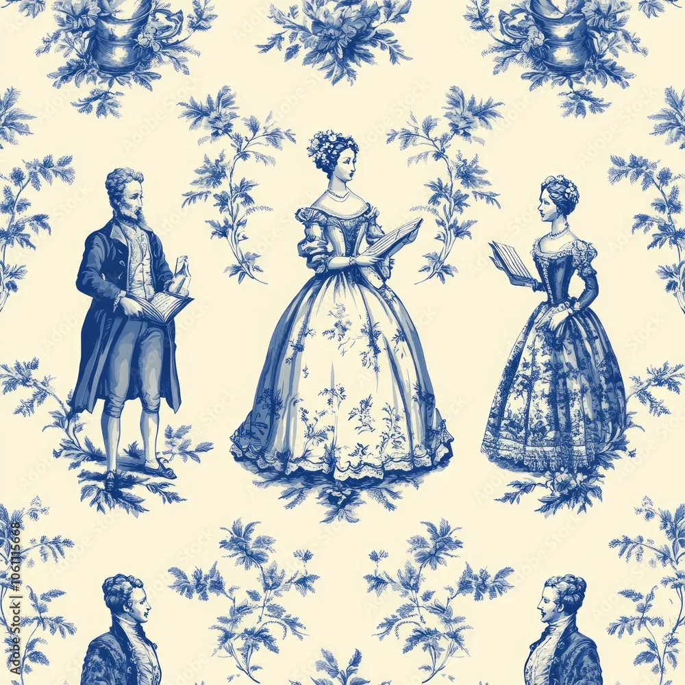 Vintage Blue and White Traditional Clothing Illustrations Wallpaper – Seamless Pattern Design