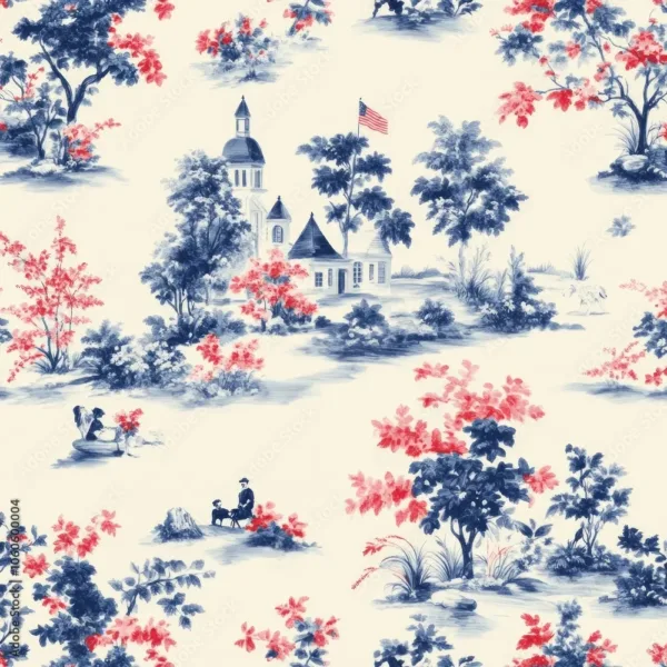 Charming Village Scene Wallpaper – Quaint Pattern with Trees and Flowers Charming Village Scene Wallpaper – Quaint Pattern with Trees and Flowers