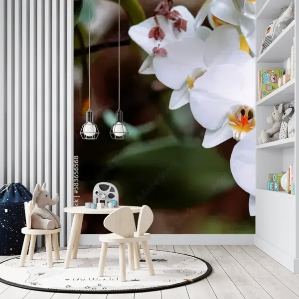 Bright White Orchid Mural Wallpaper – Elegant Floral Garden Design
