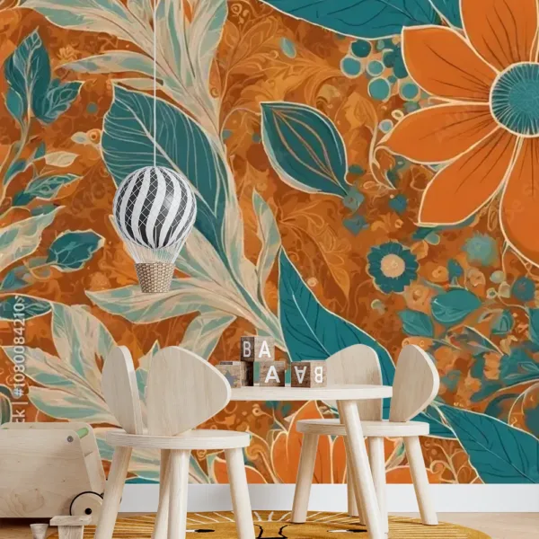 Boho Floral Wallpaper – Bold Orange Teal Design