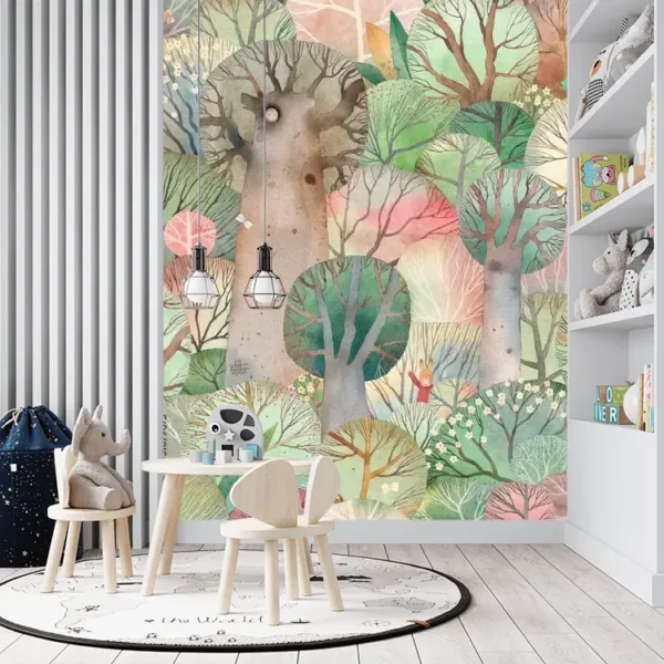Childish Watercolor Forest Bunnies Wallpaper – Ideal for Children's Rooms