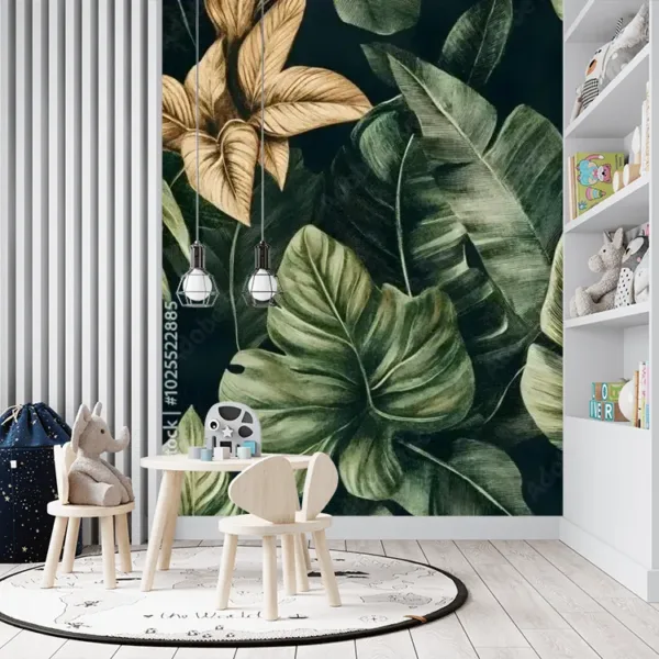 Lush Tropical Leaf Mural Wallpaper – Nature-Inspired Botanical Decor in Dark Green and Gold