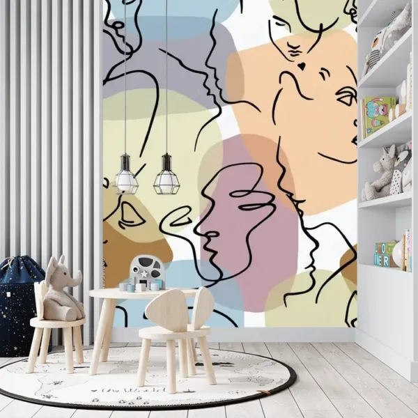 Seamless Abstract Mural Wallpaper – Black Line Art on Colorful Background Seamless Abstract Mural Wallpaper – Black Line Art on Colorful Background