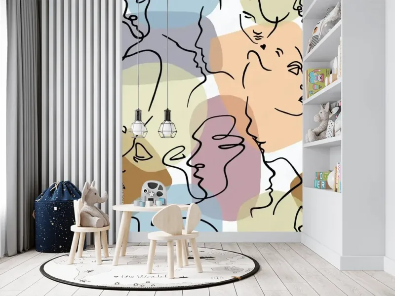 Seamless Abstract Mural Wallpaper – Black Line Art on Colorful Background