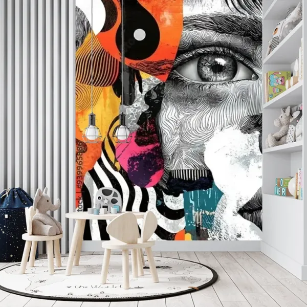Abstract Black and White Mural Wallpaper – Colorful Faces Collage for Contemporary Spaces