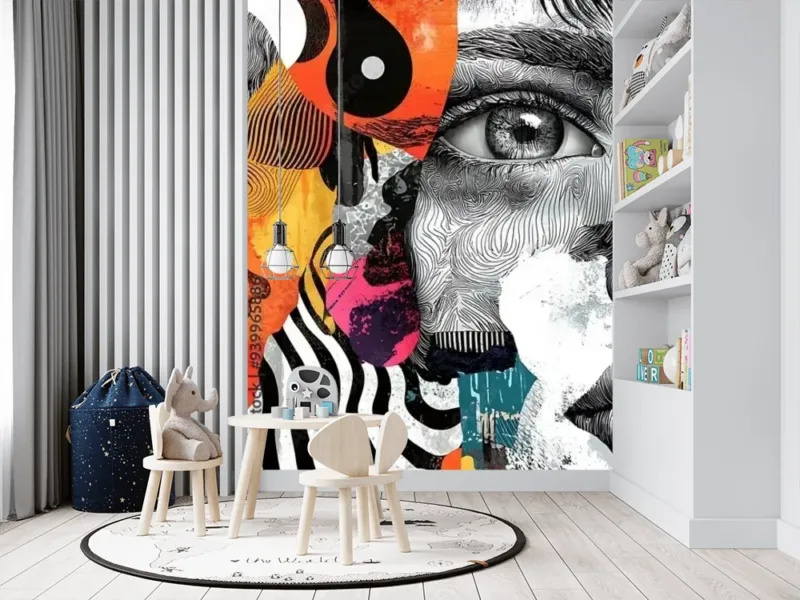Abstract Black and White Mural Wallpaper – Colorful Faces Collage for Contemporary Spaces