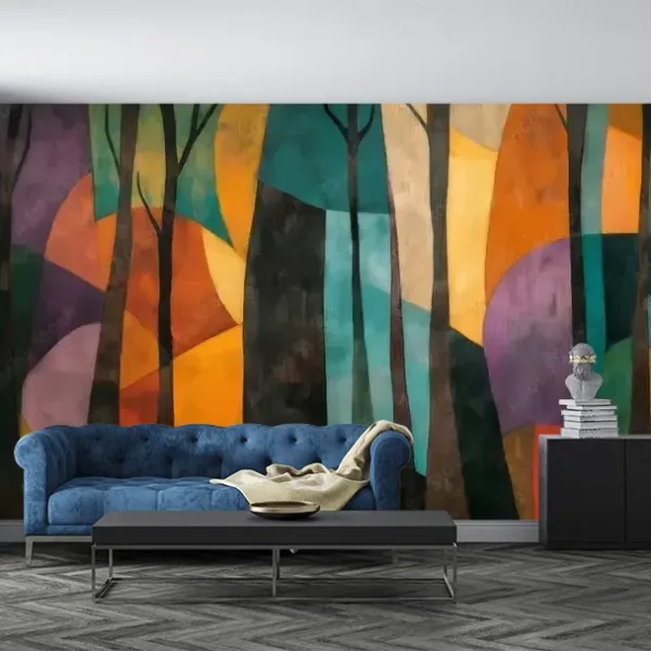 Abstract Autumn Forest Mural Wallpaper – Vibrant Orange and Brown Tones for Nature-Inspired Rooms