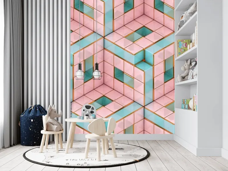 Futuristic Pink And Emerald Cube Mural Wallpaper - Modern Geometric Design Futuristic Pink and Emerald Cube Mural Wallpaper - Modern Geometric Design
