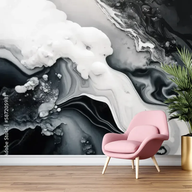 Elegant Black and White Acrylic Pour Mural Wallpaper with Paint Swirls – Modern Art Style