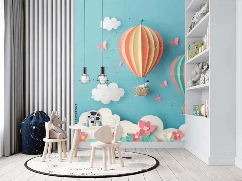 Hot Air Balloon Mural Wallpaper – Vibrant Floral Field with Blue Sky and Clouds