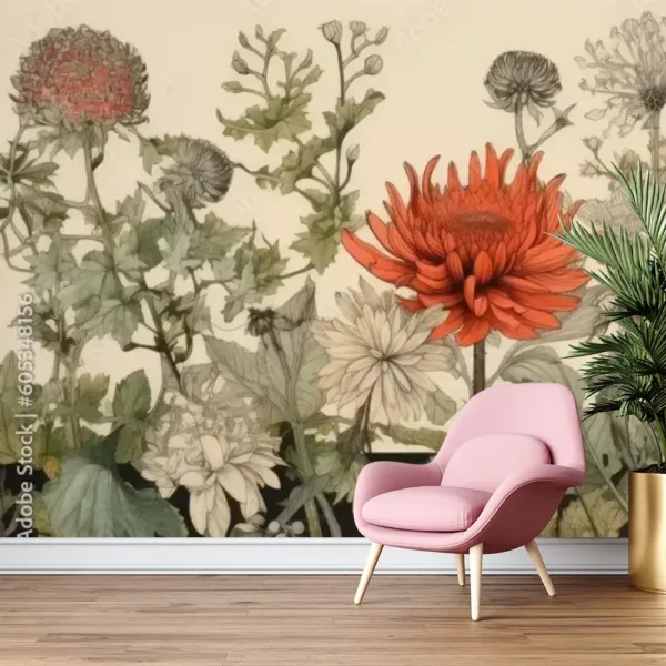 Artful Plant and Flower Illustration – Colorful Meadow Wallpaper
