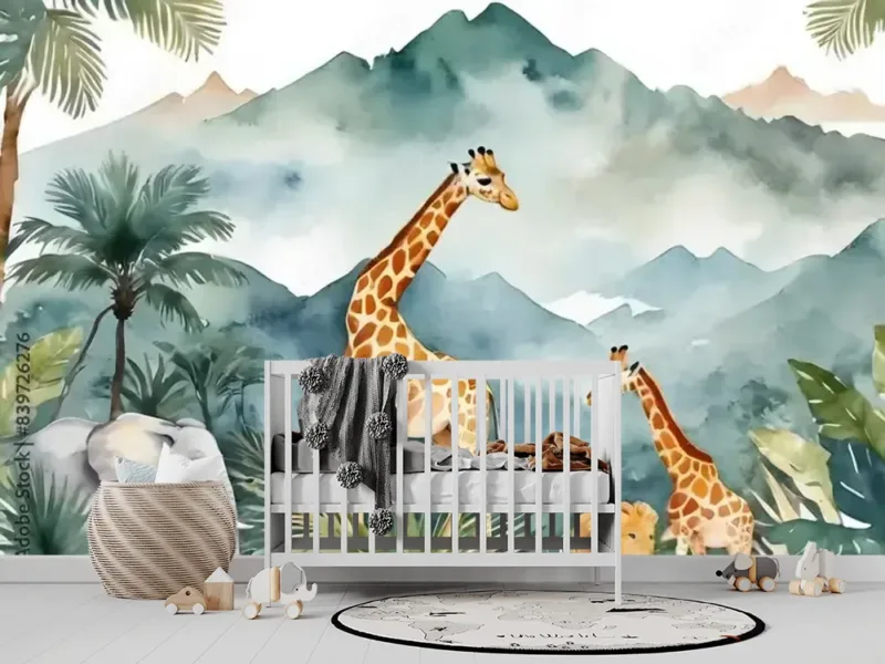 Safari Wildlife Wallpaper Mural – Colorful Tropical Animals for Nursery