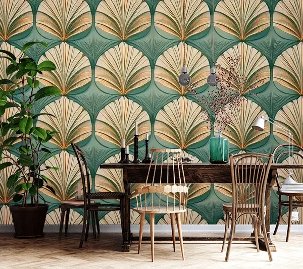 Elegant Teal and Beige Art Deco Shell Pattern Wallpaper – Stylish Design for Modern Spaces