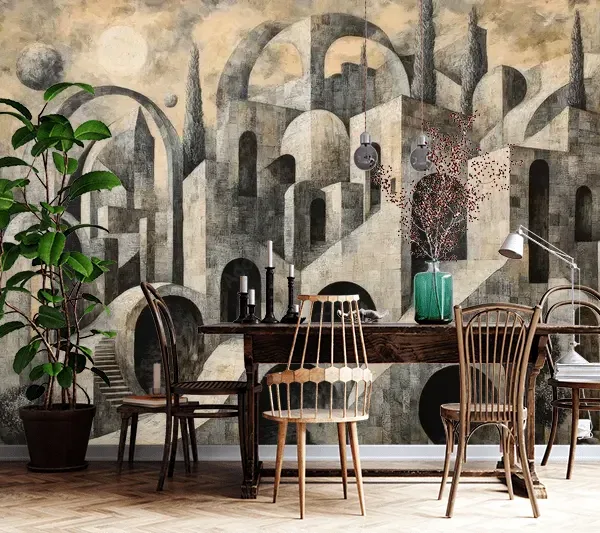 Intricate Architectural Mural – Abstract Shapes & Natural Elements