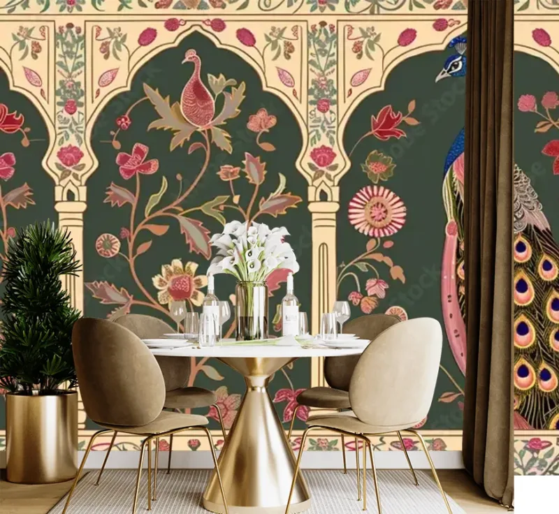 Elegant Peacock and Flowers Wallpaper – Indian Palace Inspired Design in Green and Gold
