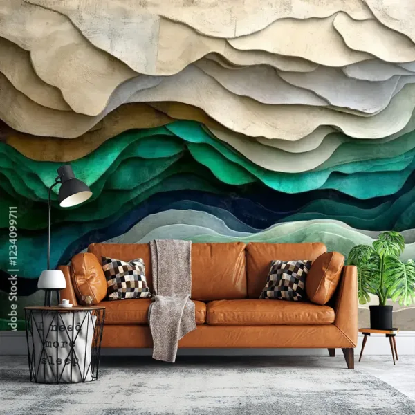 Abstract Layered Landscape Art – Teal and Beige Wave Pattern Wallpaper