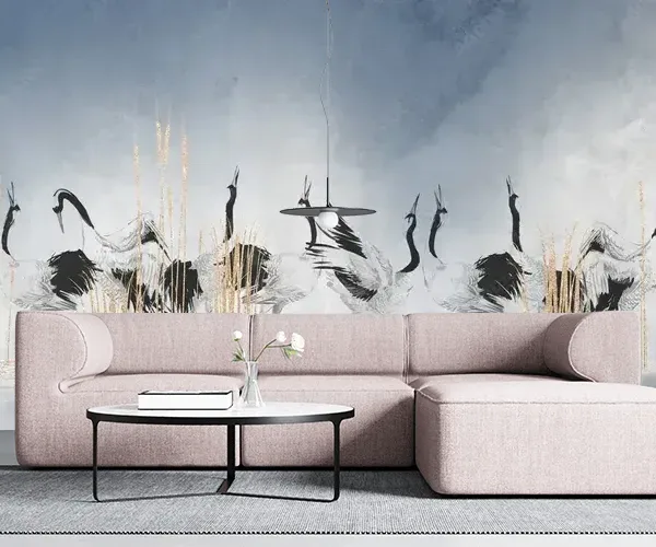Dancing Cranes Over the Lake – Ombre Wallpaper Design