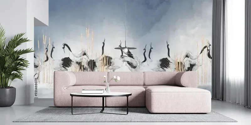 Dancing Cranes Over The Lake – Ombre Wallpaper Design Dancing Cranes Over the Lake – Ombre Wallpaper Design