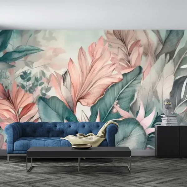 Tropical Leaf Wallpaper – Soft Colored Mural Art Tropical Leaf Wallpaper – Soft Colored Mural Art