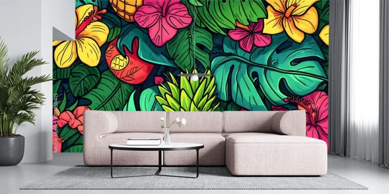 Vibrant Tropical Floral and Fruit Pattern – Seamless Design, Rich Color Palette for Living Spaces