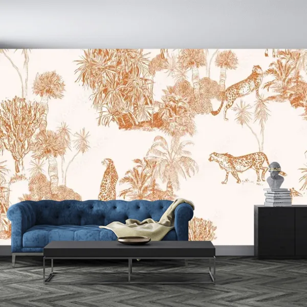 Safari Wildlife Cheetah, Giraffe Tropical Wallpaper Mural - Exotic Plants Seamless Pattern