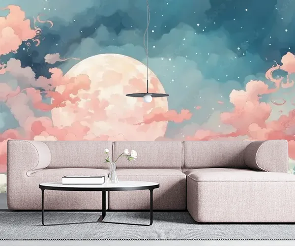 Chinese Japanese Art Style Wallpaper – Landscape with Full Moon and Waves