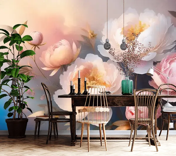 Beautiful Blooming Peonies – Floral Mural Wallpaper with Abstract Ombre Background