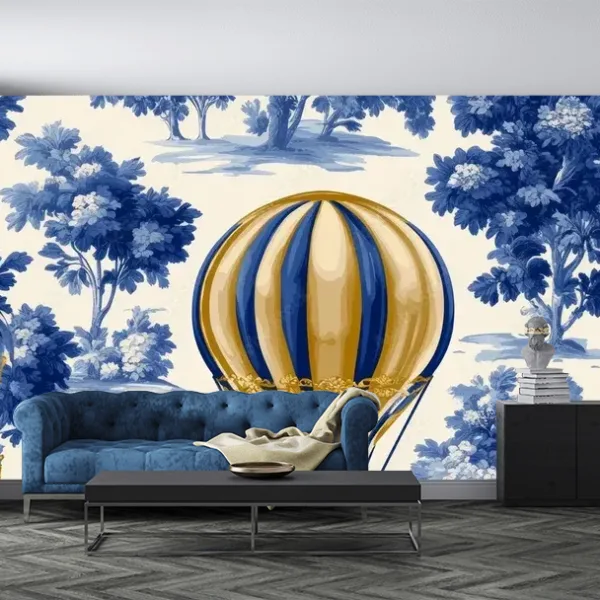 Seamless Wallpaper Pattern with Blue and Gold Hot Air Balloons over White Background