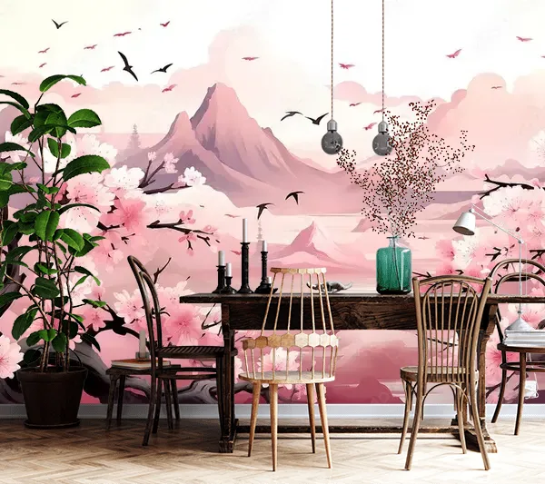 Pink Mountain with Cherry Tree Wallpaper – Serene Landscape Design for Nature Lovers