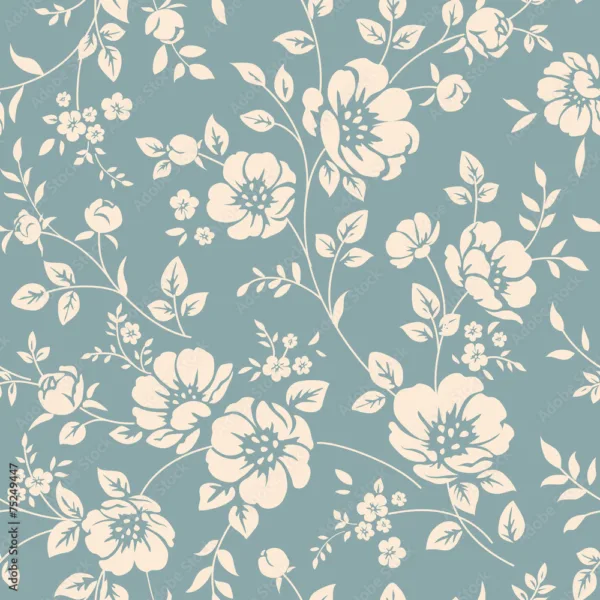 Classic Vintage Floral Wallpaper Seamless Pattern – Elegant Cream Flowers on Dusty Blue, Traditional Style Wallpaper for Living Room or Bedroom Walls