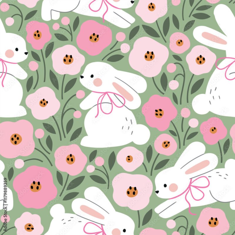 Cute White Rabbits Wallpaper – Seamless Easter Bunny Pattern for Nursery