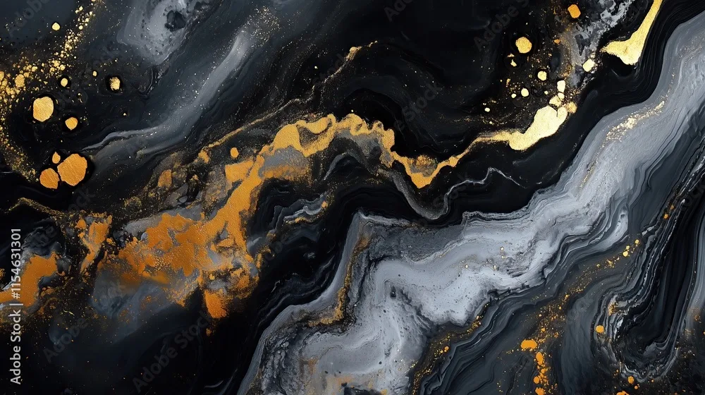 top view on flat surface of black marble with golden veins, texture background