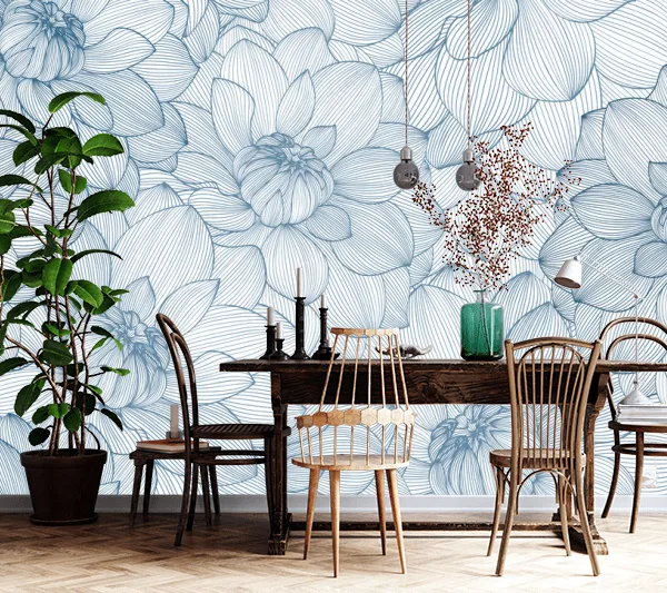 Colorful Watercolor Floral Print Wallpaper – Seamless Floral Pattern, Blue and White Modern Design for Living Room Walls