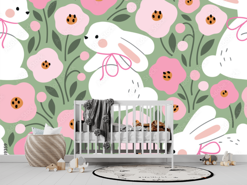 Cute White Rabbits Wallpaper – Seamless Easter Bunny Pattern for Nursery